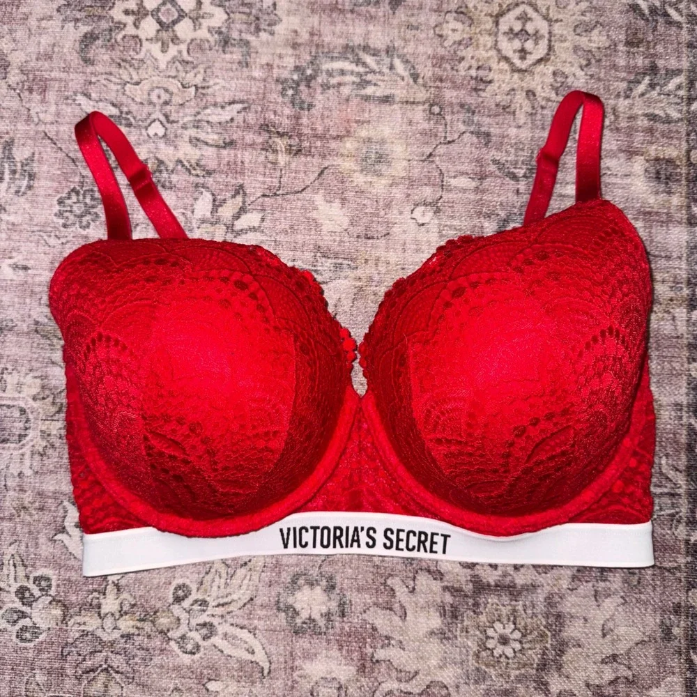 Victoria's Secret Red Lace T-Shirt Push-Up Full Coverage Bra 36DDD Logo Band